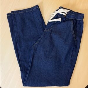 Blue Denim Jogger Pants with White Drawstring